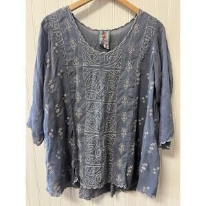 Johnny Was Ridden Embroidered Scallop Trim Blouse Medium